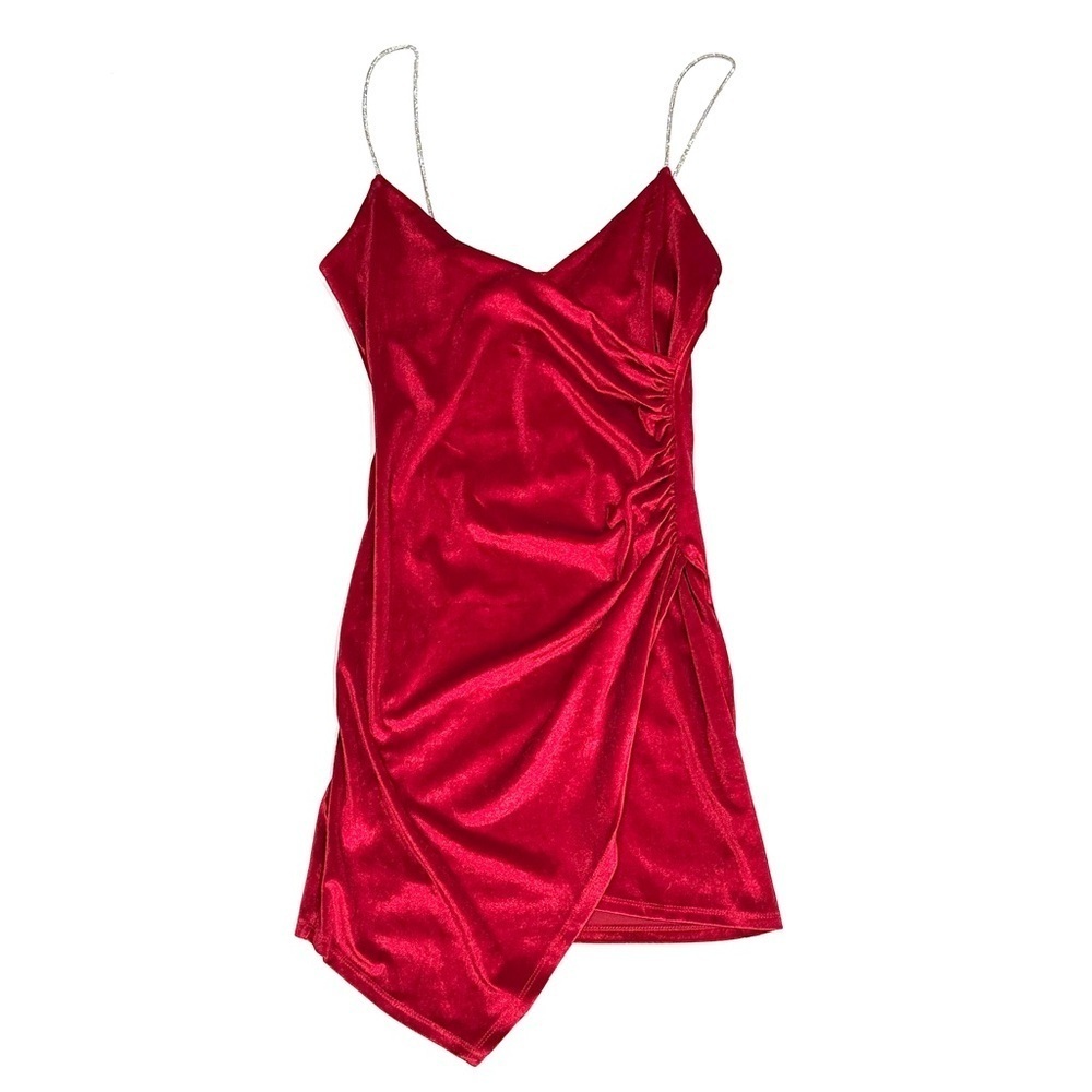 ASA Red Velvet Bedazzled Spaghetti Strap Asymmetrical Party Cocktail Dress
